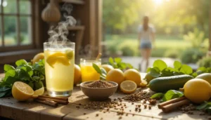 A cinematic, high-resolution illustration of natural weight loss remedies arranged beautifully on a rustic wooden table: a glass of lemon honey water with steam, green tea in a ceramic cup, a bowl of soaked cumin seeds, ajwain and cinnamon sticks, surrounded by fresh fruits and leafy greens like spinach and cucumbers. Soft morning sunlight filters through a nearby window, casting gentle shadows. In the background, a person is seen walking peacefully in a green park, suggesting a holistic, healthy lifestyle. The overall scene is serene, inviting, and filled with earthy, natural 